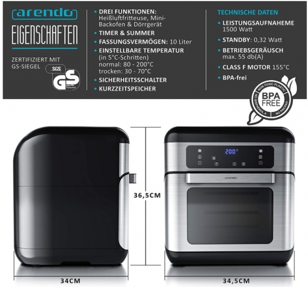 Arendo Mini Air Fryer Mini Fırın