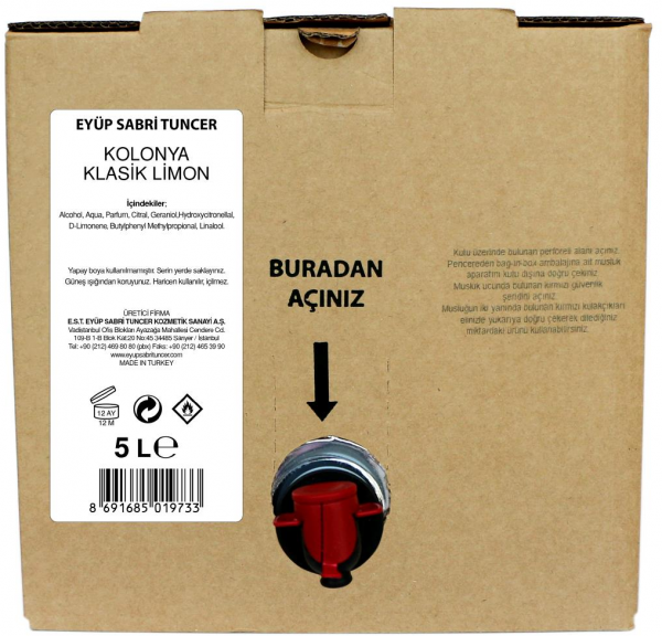Eyüp Sabri Tuncer Klasik Limon Kolonyası Bag in Box 5 lt (Musluk / Kutulu Poşet / 5 litre)