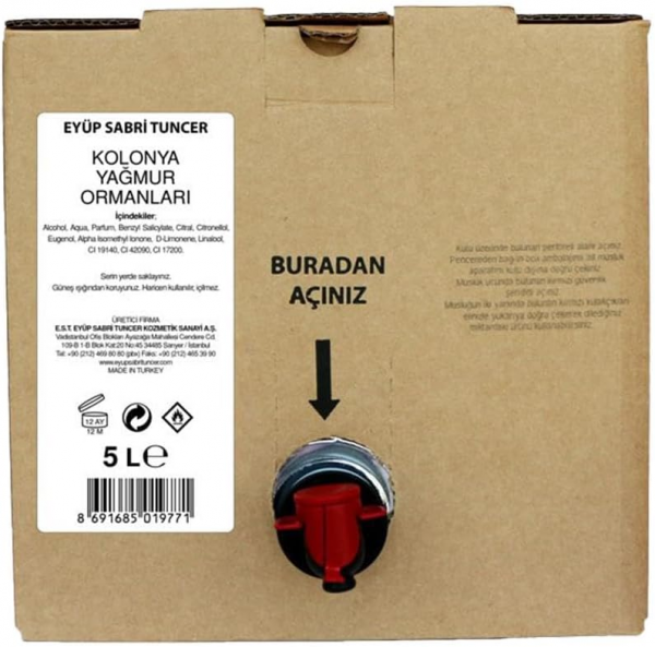 Eyüp Sabri Tuncer Yağmur Ormanları Kolonyası Bag in Box 5 lt (5 litre / Musluk / Kutulu Poşet)