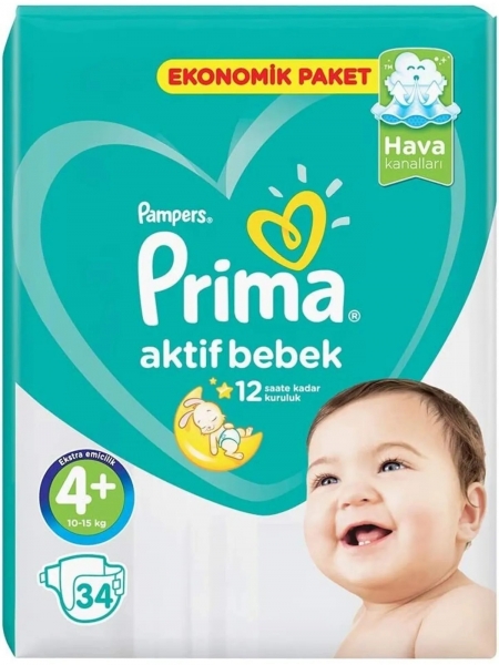 Prima Aktif Bebek 4+ Beden 34 Adet Bebek Bezi