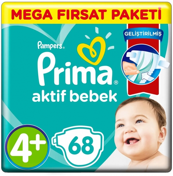 Prima Aktif Bebek 4+ Beden 68 Adet Bebek Bezi