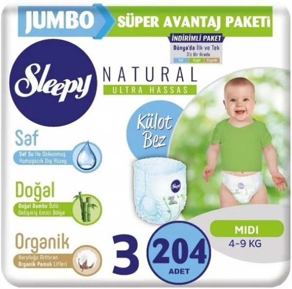 Sleepy Natural Külot Bez 3 Beden 204 Adet Bebek Bezi