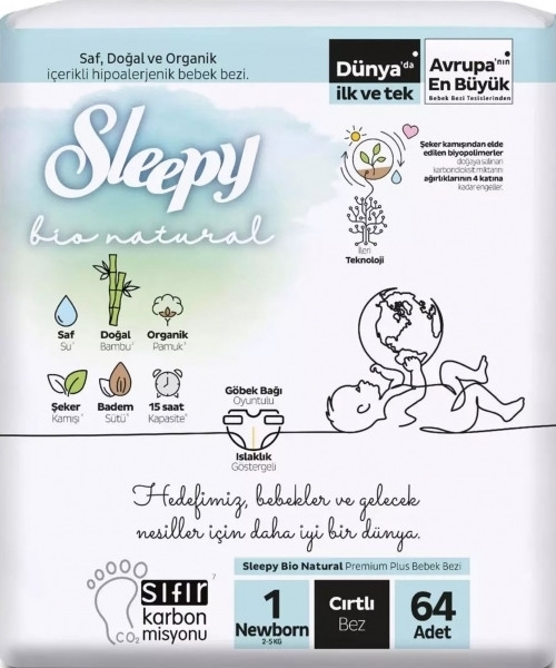 Sleepy Bio Natural 1 Beden 64 Adet Bebek Bezi