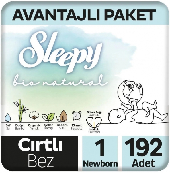 Sleepy Bio Natural 1 Beden 192 Adet Bebek Bezi
