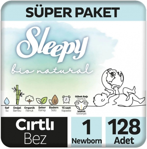 Sleepy Bio Natural 1 Beden 128 Adet Bebek Bezi