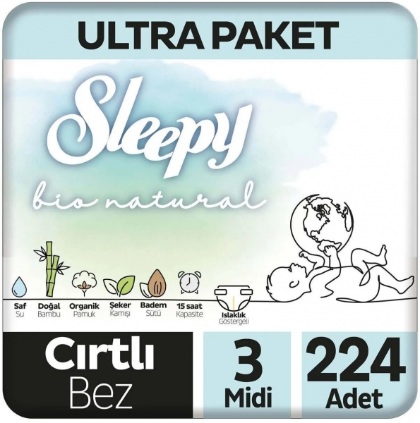 Sleepy Bio Natural 3 Beden 224 Adet Bebek Bezi