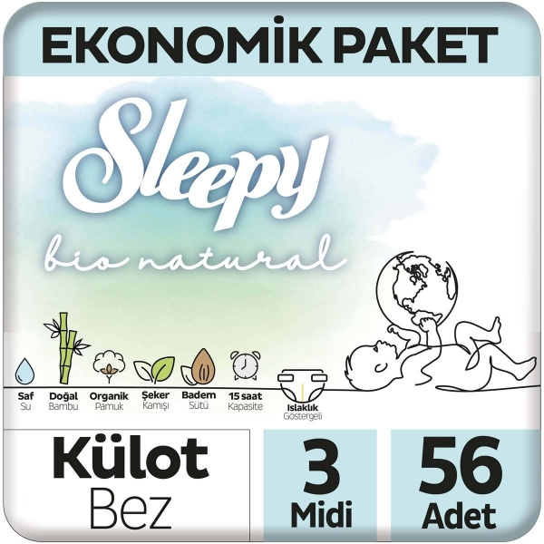 Sleepy Bio Natural Külot Bez 3 Beden 56 Adet Bebek Bezi