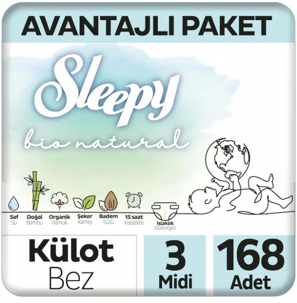 Sleepy Bio Natural Külot Bez 3 Beden 168 Adet Bebek Bezi