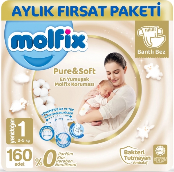 Molfix Pure&Soft 1 Beden 160 Adet Bebek Bezi