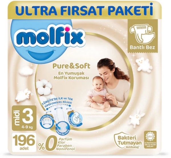 Molfix Pure&Soft 3 Beden 196 Adet Bebek Bezi