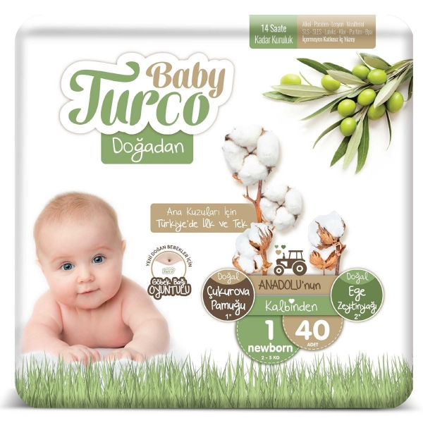 Baby Turco Doğadan 1 Beden 40 Adet Bebek Bezi
