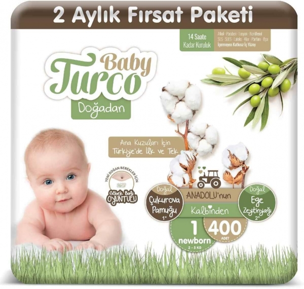 Baby Turco Doğadan 1 Beden 400 Adet Bebek Bezi