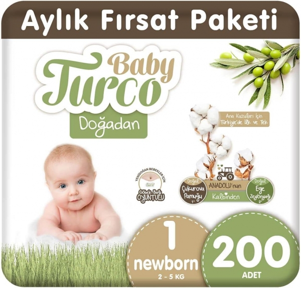 Baby Turco Doğadan 1 Beden 200 Adet Bebek Bezi