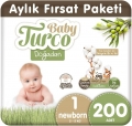 Baby Turco Doğadan 1 Beden 200 Adet Bebek Bezi
