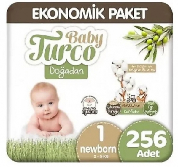 Baby Turco Doğadan 1 Beden 256 Adet Bebek Bezi