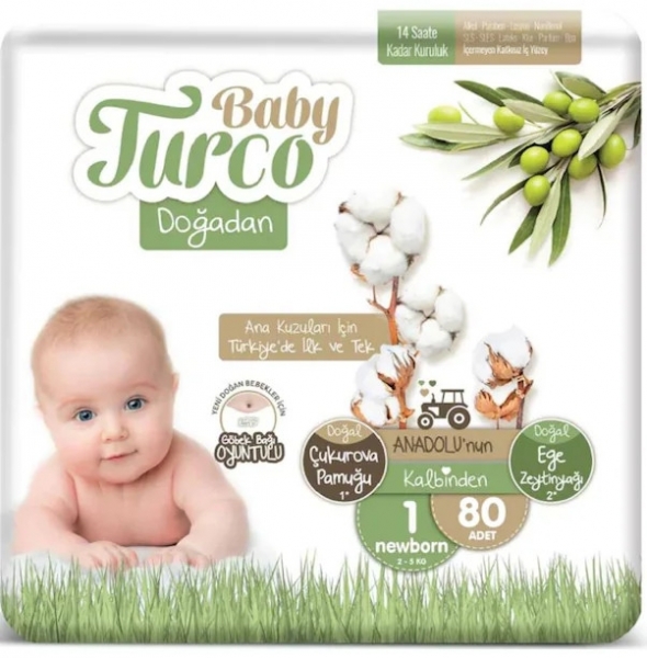 Baby Turco Doğadan 1 Beden 80 Adet Bebek Bezi