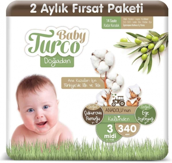 Baby Turco Doğadan 3 Beden 340 Adet Bebek Bezi