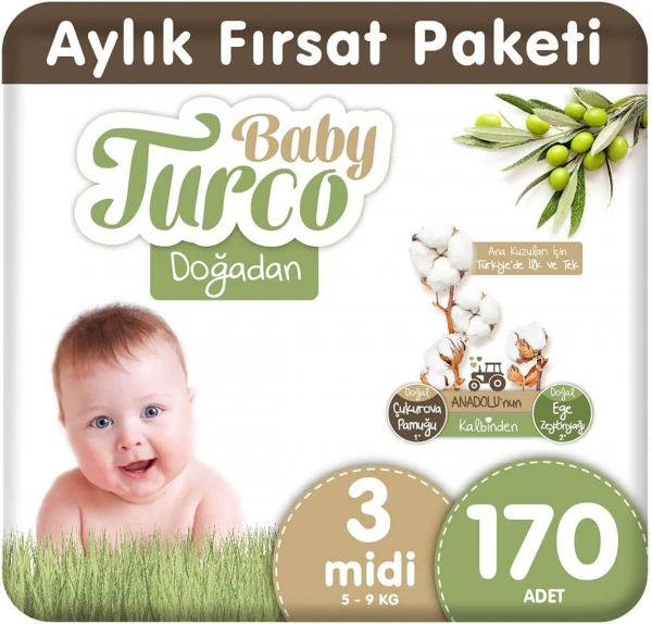 Baby Turco Doğadan 3 Beden 170 Adet Bebek Bezi