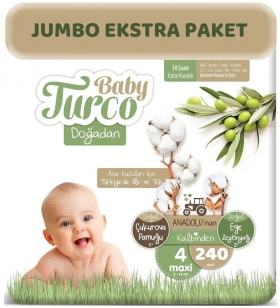Baby Turco Doğadan 4 Beden 240 Adet Bebek Bezi