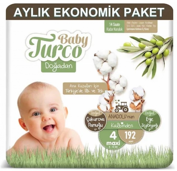 Baby Turco Doğadan 4 Beden 192 Adet Bebek Bezi