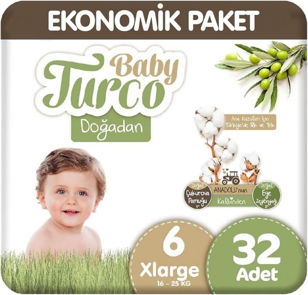 Baby Turco Doğadan 6 Beden 32 Adet Bebek Bezi
