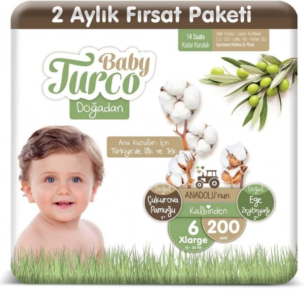 Baby Turco Doğadan 6 Beden 200 Adet Bebek Bezi