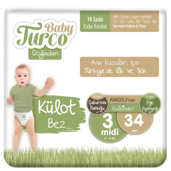 Baby Turco Doğadan Külot Bez 3 Beden 34 Adet Bebek Bezi