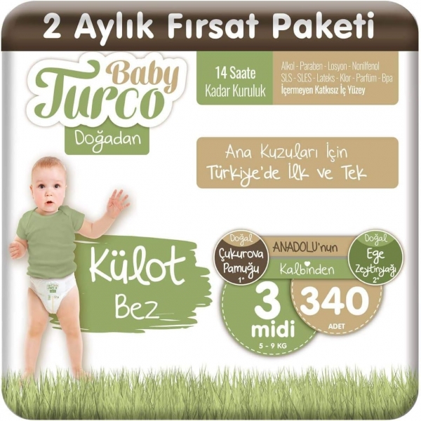 Baby Turco Doğadan Külot Bez 3 Beden 340 Adet Bebek Bezi