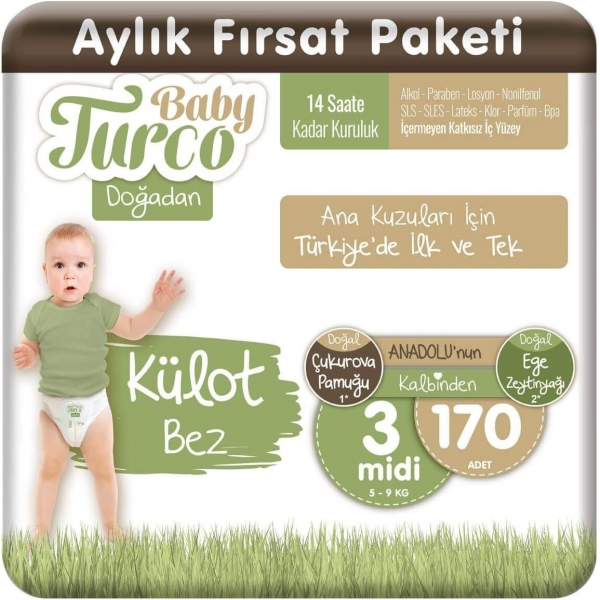 Baby Turco Doğadan Külot Bez 3 Beden 170 Adet Bebek Bezi