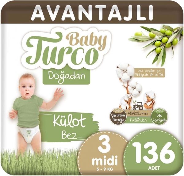 Baby Turco Doğadan Külot Bez 3 Beden 136 Adet Bebek Bezi