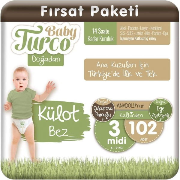 Baby Turco Doğadan Külot Bez 3 Beden 102 Adet Bebek Bezi