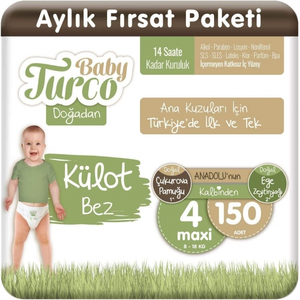 Baby Turco Doğadan Külot Bez 4 Beden 150 Adet Bebek Bezi