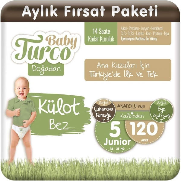 Baby Turco Doğadan Külot Bez 5 Beden 120 Adet Bebek Bezi