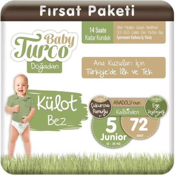 Baby Turco Doğadan Külot Bez 5 Beden 72 Adet Bebek Bezi