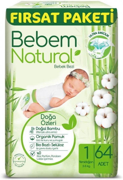 Bebem Natural 1 Beden 64 Adet Bebek Bezi