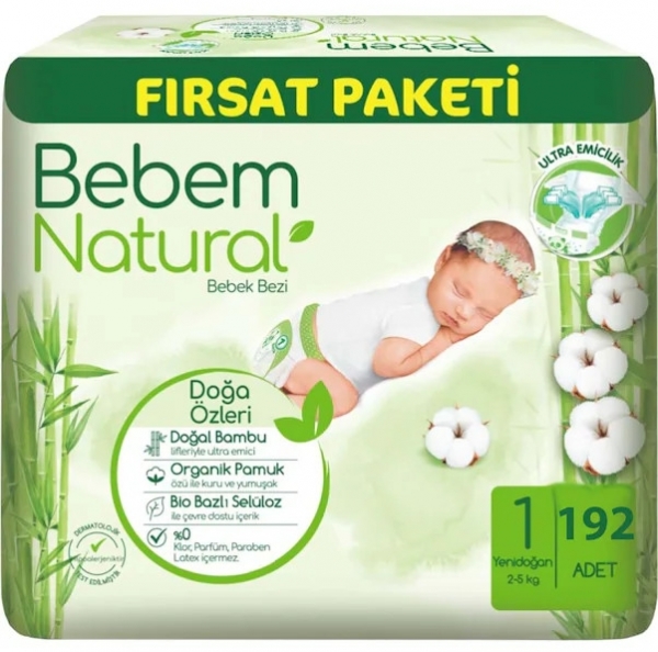 Bebem Natural 1 Beden 192 Adet Bebek Bezi