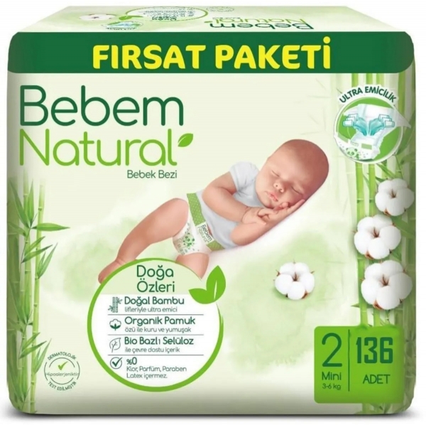 Bebem Natural 2 Beden 136 Adet Bebek Bezi