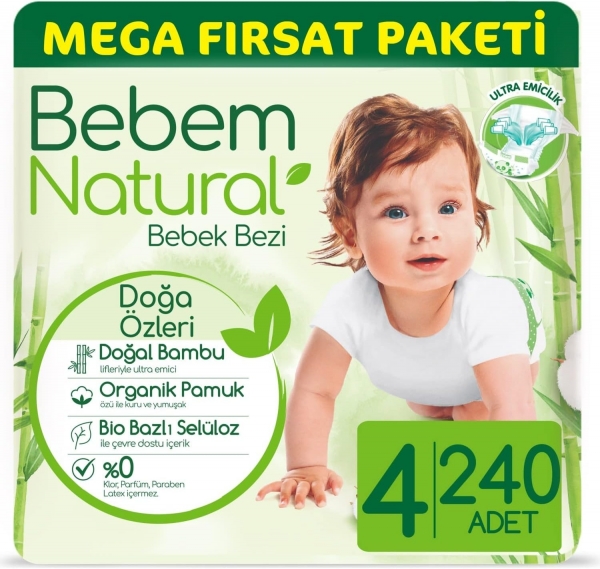 Bebem Natural 4 Beden 240 Adet Bebek Bezi