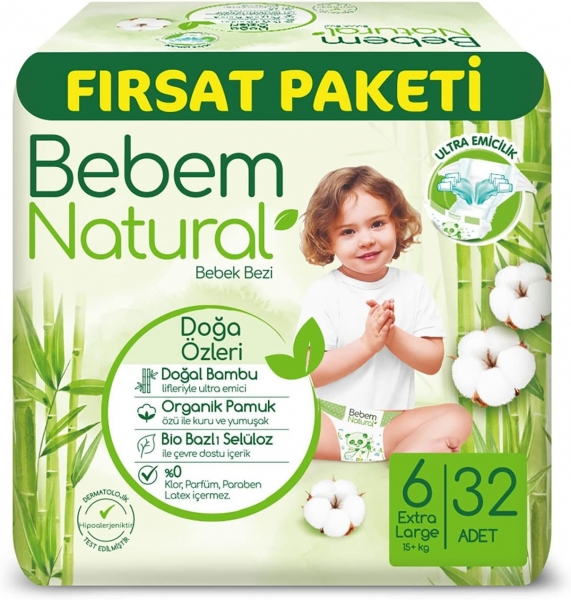 Bebem Natural 6 Beden 32 Adet Bebek Bezi