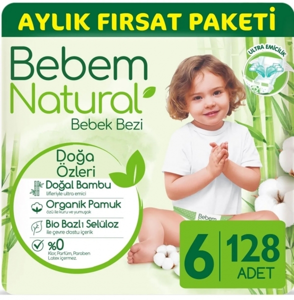 Bebem Natural 6 Beden 128 Adet Bebek Bezi