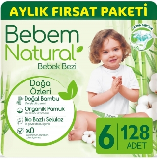 Bebem Natural 6 Beden 128 Adet Bebek Bezi