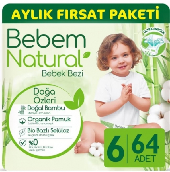 Bebem Natural 6 Beden 64 Adet Bebek Bezi