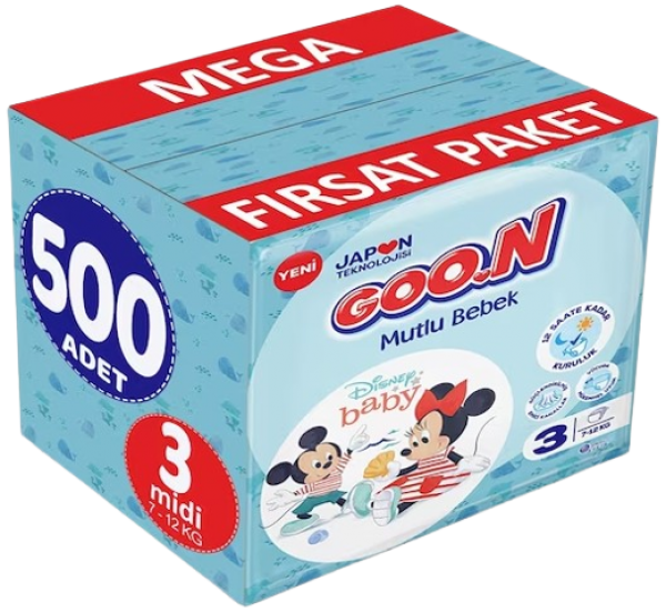 Goon Mutlu Bebek 3 Beden 500 Adet Bebek Bezi