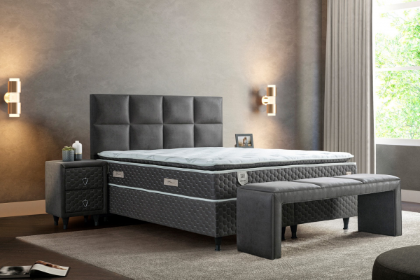 İndivani Visco Grey 90x200 Baza+Başlık+Yatak Seti