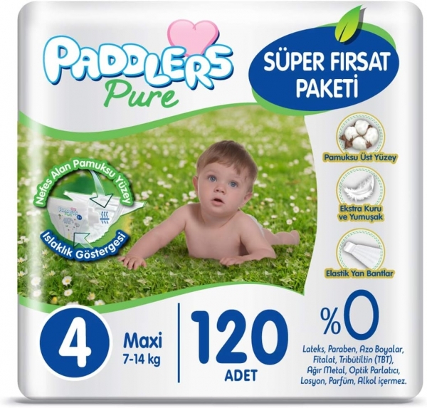 Paddlers Pure 4 Beden 120 Adet Bebek Bezi