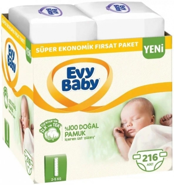 Evy Baby 1 Beden 216 Adet Bebek Bezi