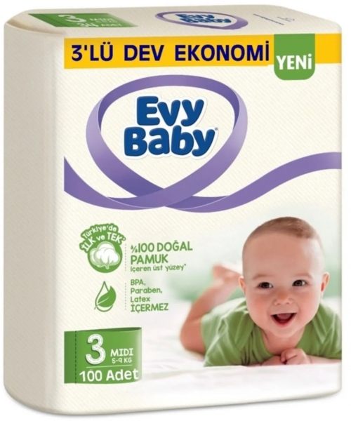 Evy Baby 3 Beden 100 Adet Bebek Bezi