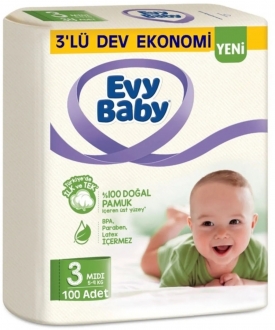 Evy Baby 3 Beden 100 Adet Bebek Bezi