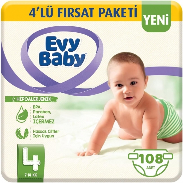 Evy Baby 4 Beden 108 Adet Bebek Bezi
