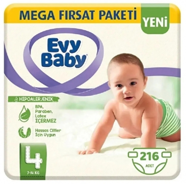 Evy Baby 4 Beden 216 Adet Bebek Bezi